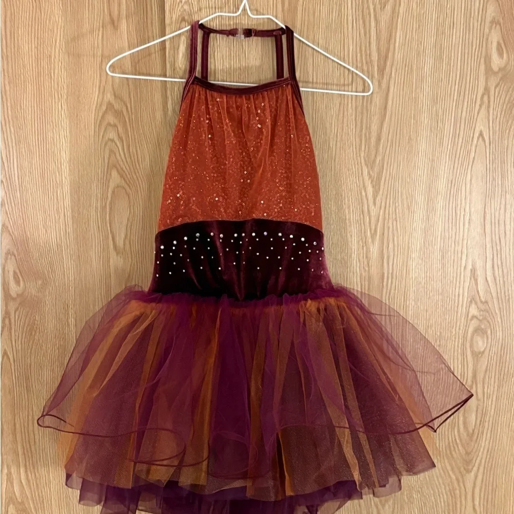 Glittering Burgundy and Orange Kids Dance Costume